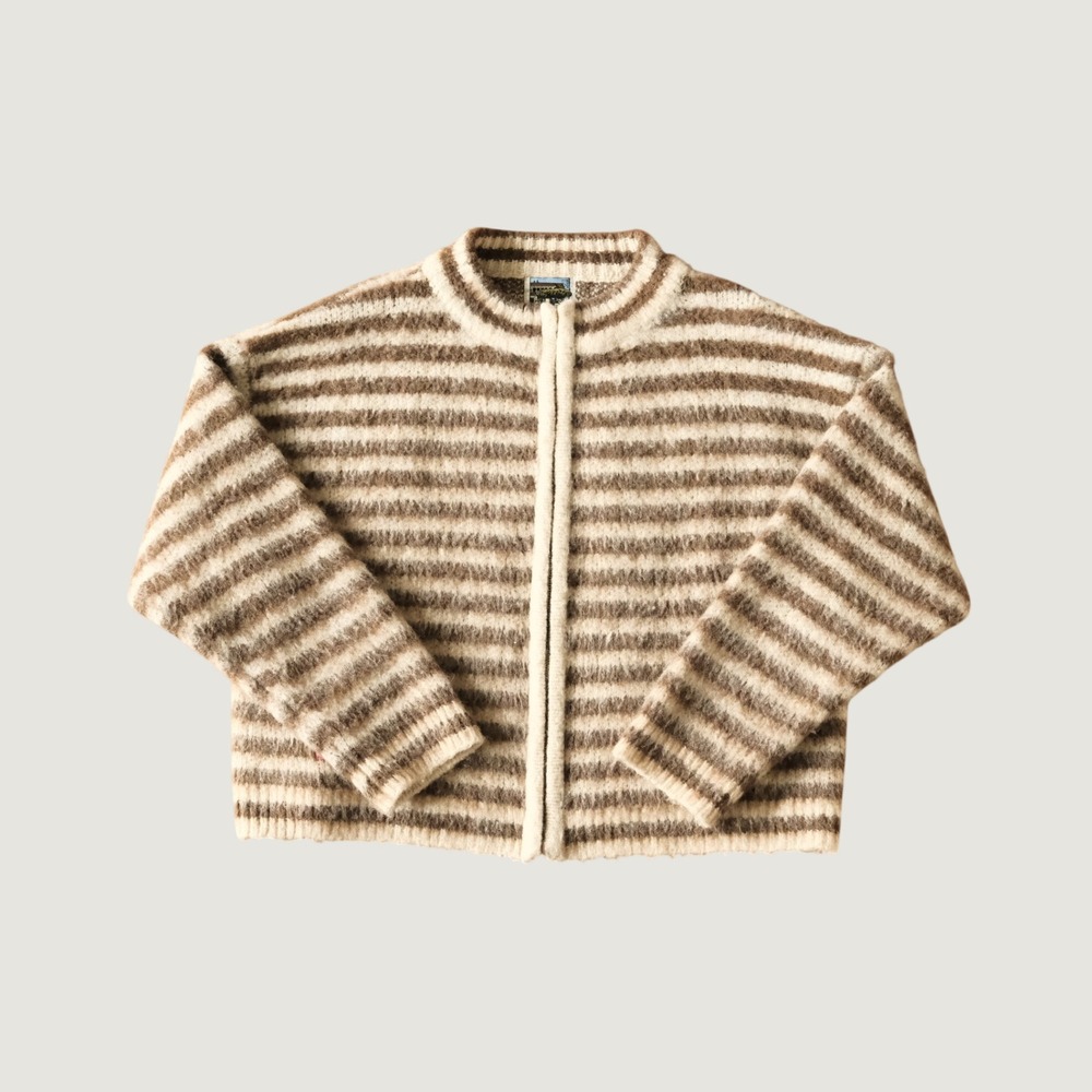 Canary Market Striped Mohair Style Full Zip Cardigan Brown Cream Small Boxy Knit